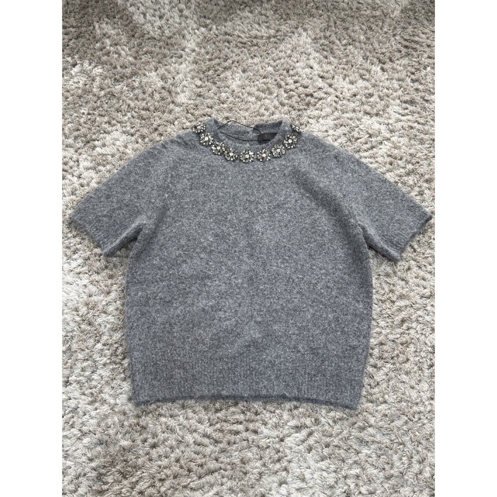 ZARA Womens Grey Fluffy Knit Sweater Short Sleeve Rhinestone Detail Size S NWOT - Picture 2 of 13